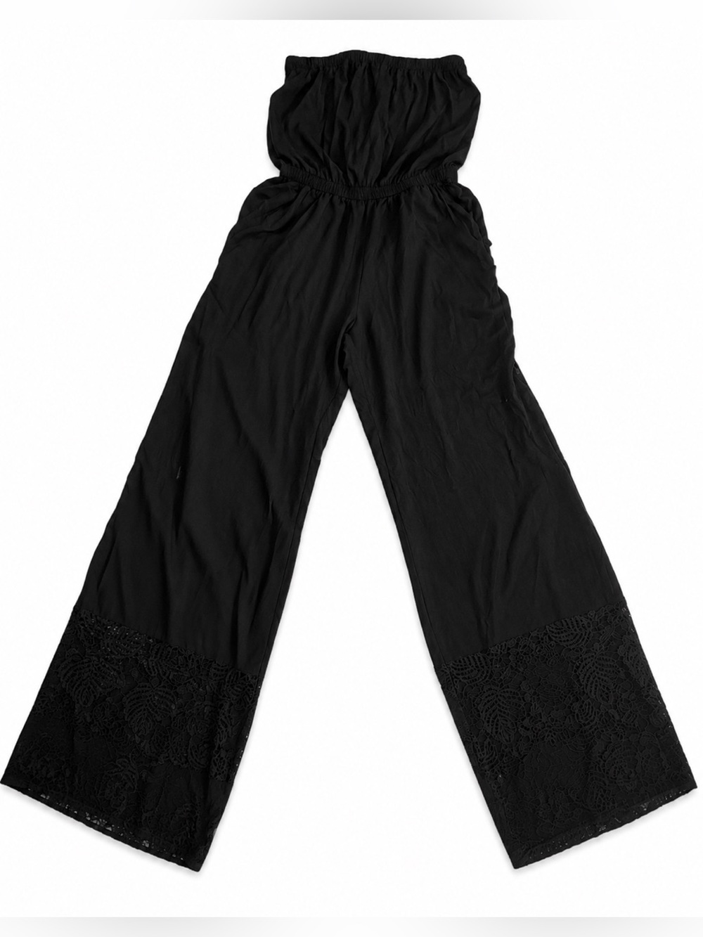 BECCA Black Strapless Lace Cutout Wide-Leg Jumpsuit
